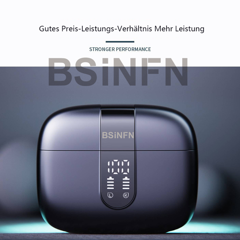 Dunkelgraues Ladecase mit 'BSiNFN'. Es hat eine Digitalanzeige und Text darüber: 'STRONGER PERFORMANCE'.