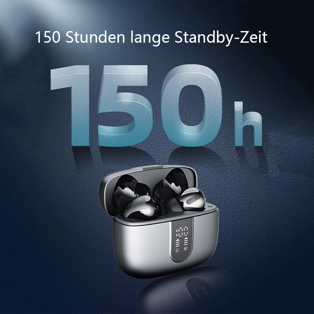 Das Bild zeigt Ohrhörer in einem Ladekoffer. Oben steht '150 Stunden lange Standby-Zeit' und '150h'.