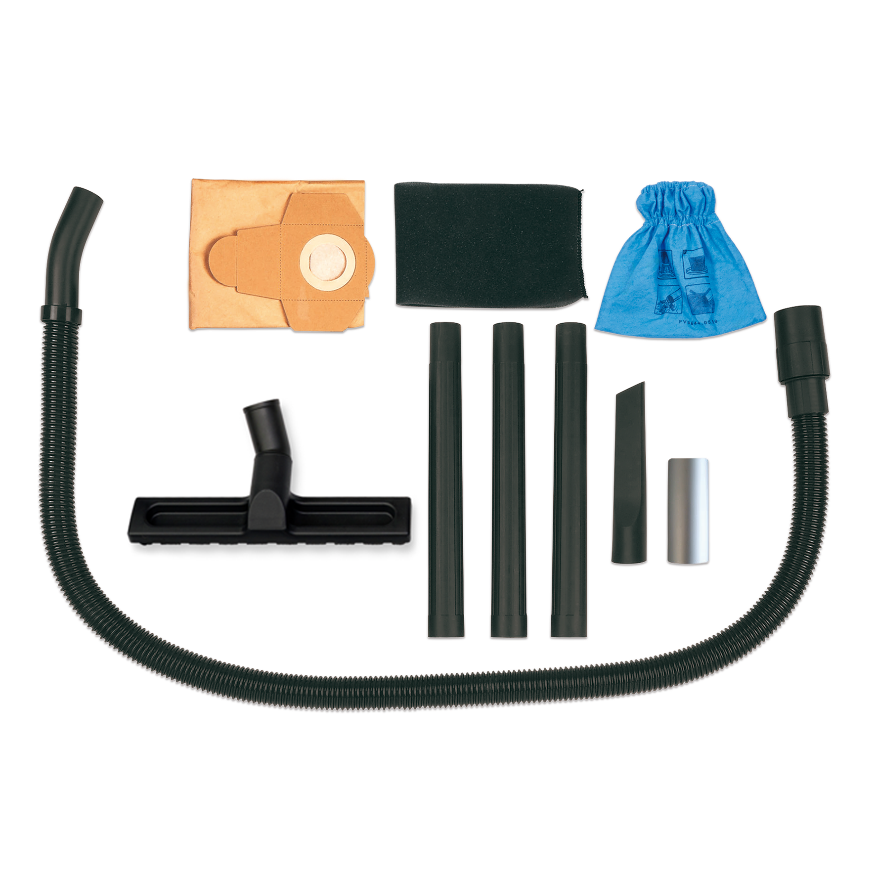 Accessoires d'aspirateur : tuyau, brosse, filtres, sac en papier et autres accessoires, le tout sur fond blanc.