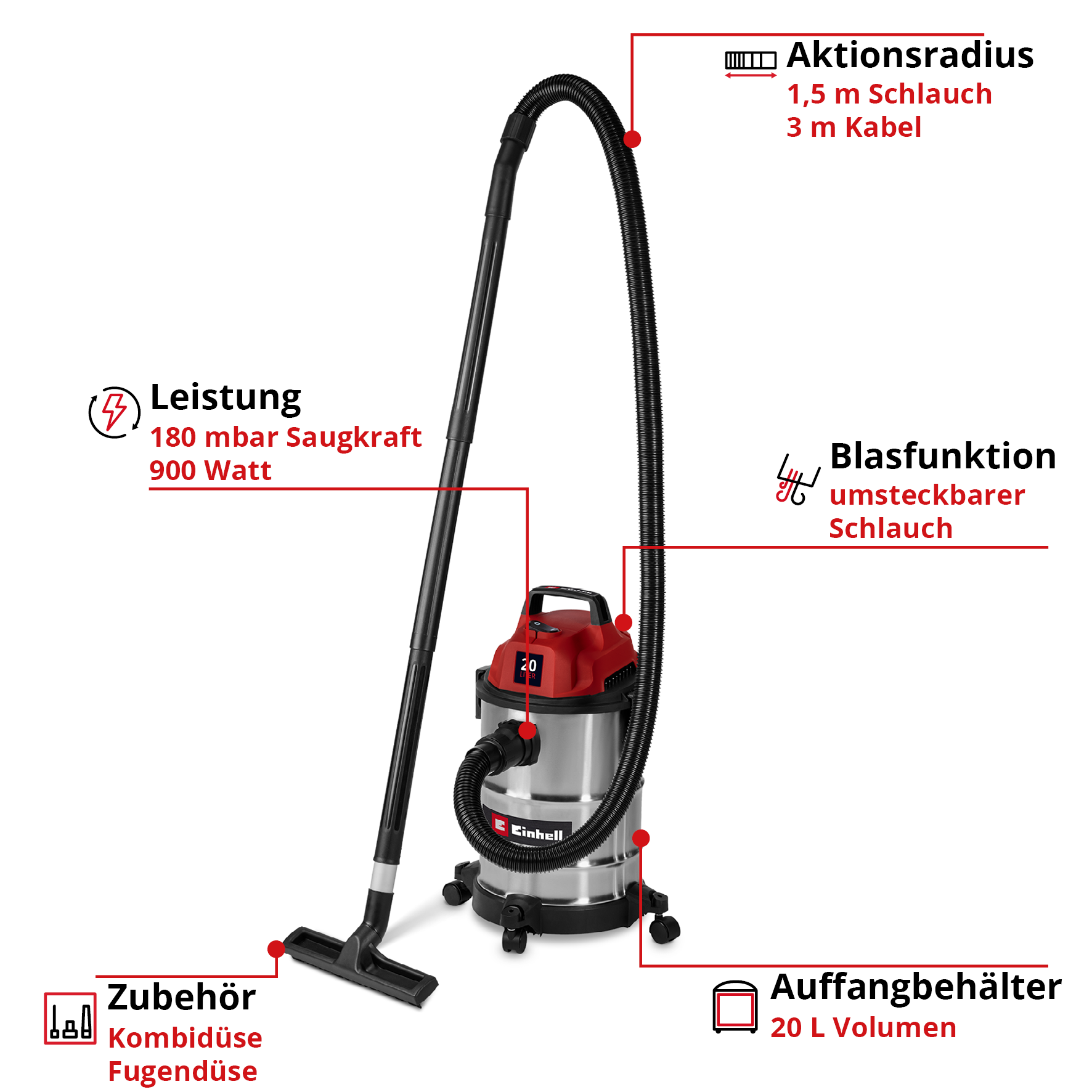 Aspirateur avec tuyau noir et dessus rouge. Il a un réservoir de 20L, une puissance de 900W et un tuyau de 1,5m.