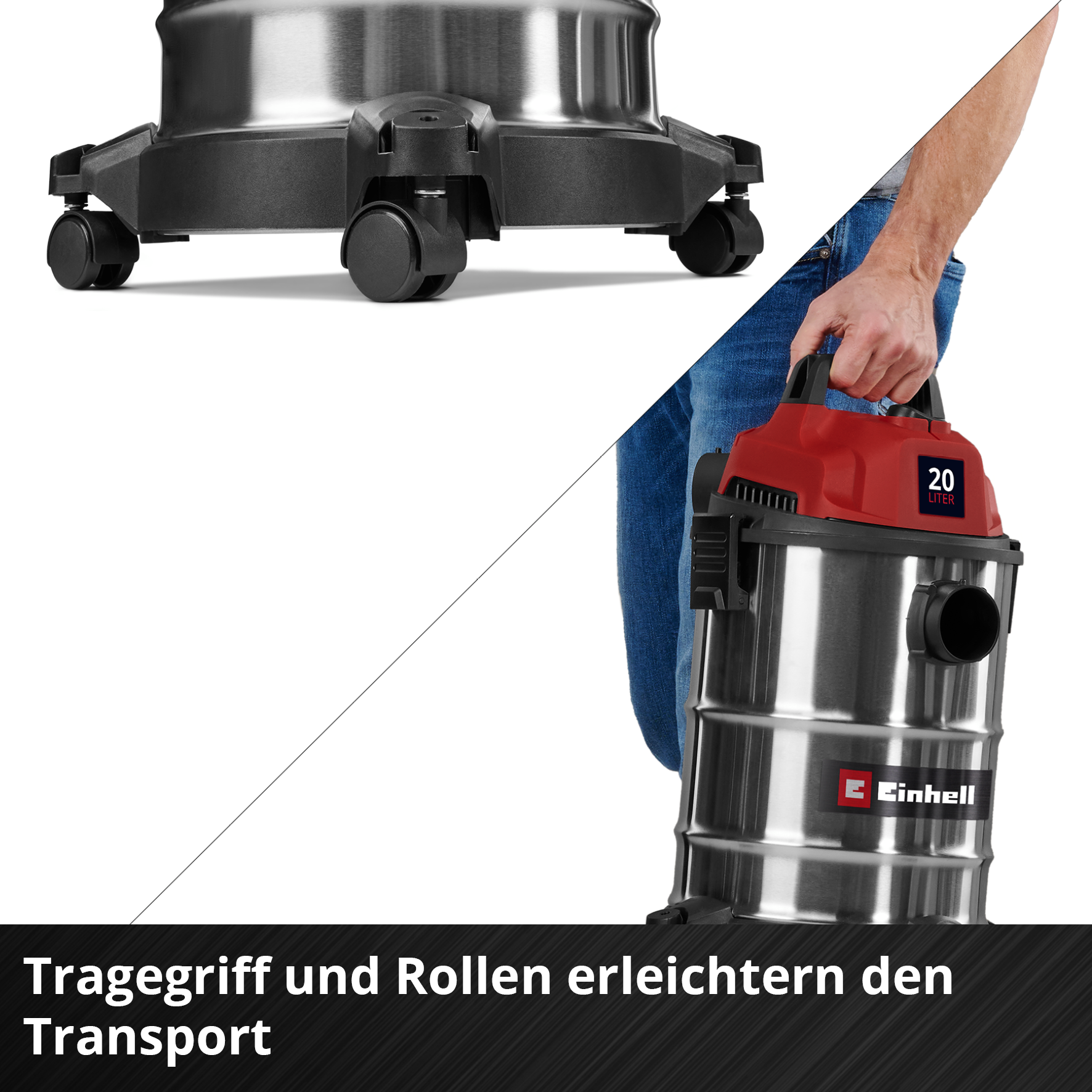 Une personne tenant un aspirateur rouge et argent. L'aspirateur a des roues. Le texte dit 'Tragegriff und Rollen erleichtern den Transport'.