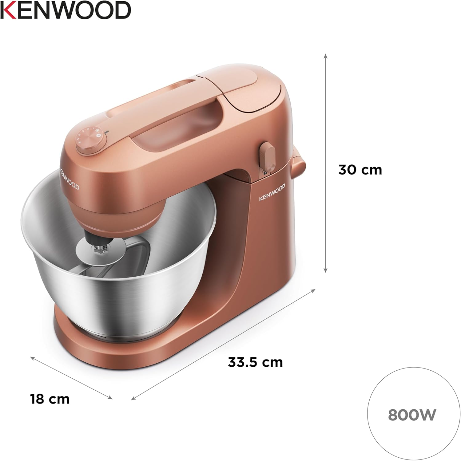 Ein roségoldener Kenwood-Küchenmixer mit einer Edelstahlschüssel. Abmessungen: 18 cm, 33,5 cm und 30 cm. 800W Leistung.