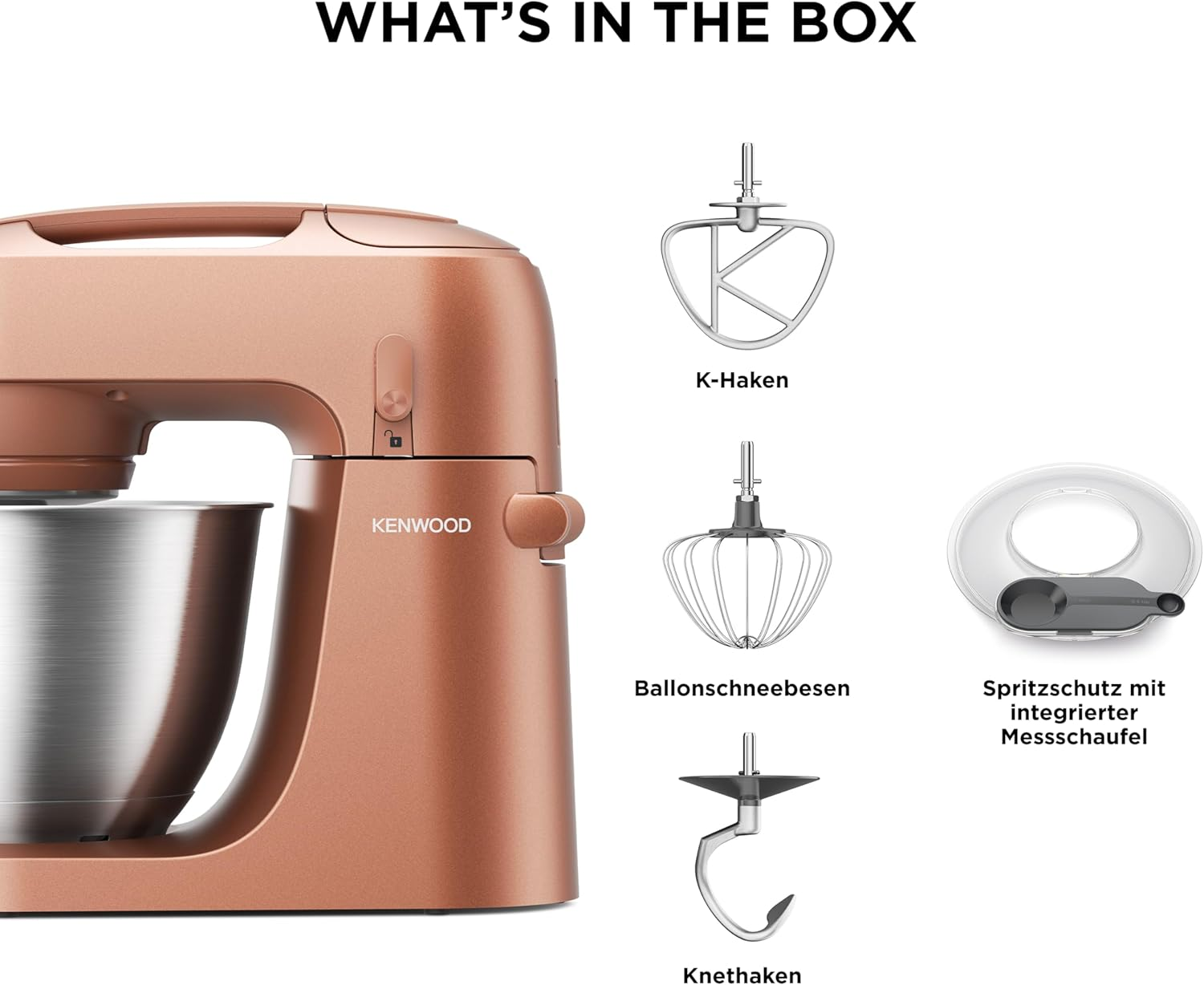 Ein roségoldener Kenwood-Küchenmixer mit Aufsätzen: K-Haken, Schneebesen, Knethaken und Spritzschutz mit Messlöffel.