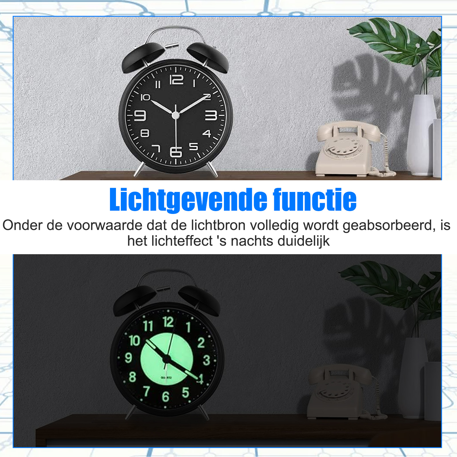 Ein schwarzer Wecker, ein weißes Wählscheibentelefon und eine Pflanze in einer Vase stehen auf einem Tisch.