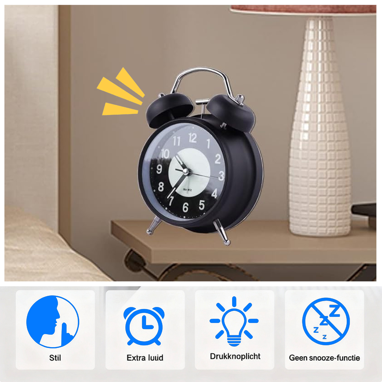 Ein schwarzer Wecker mit silbernen Glocken auf einem Nachttisch. Im Hintergrund ist eine weiße Lampe. Blaue Icons sind unten.