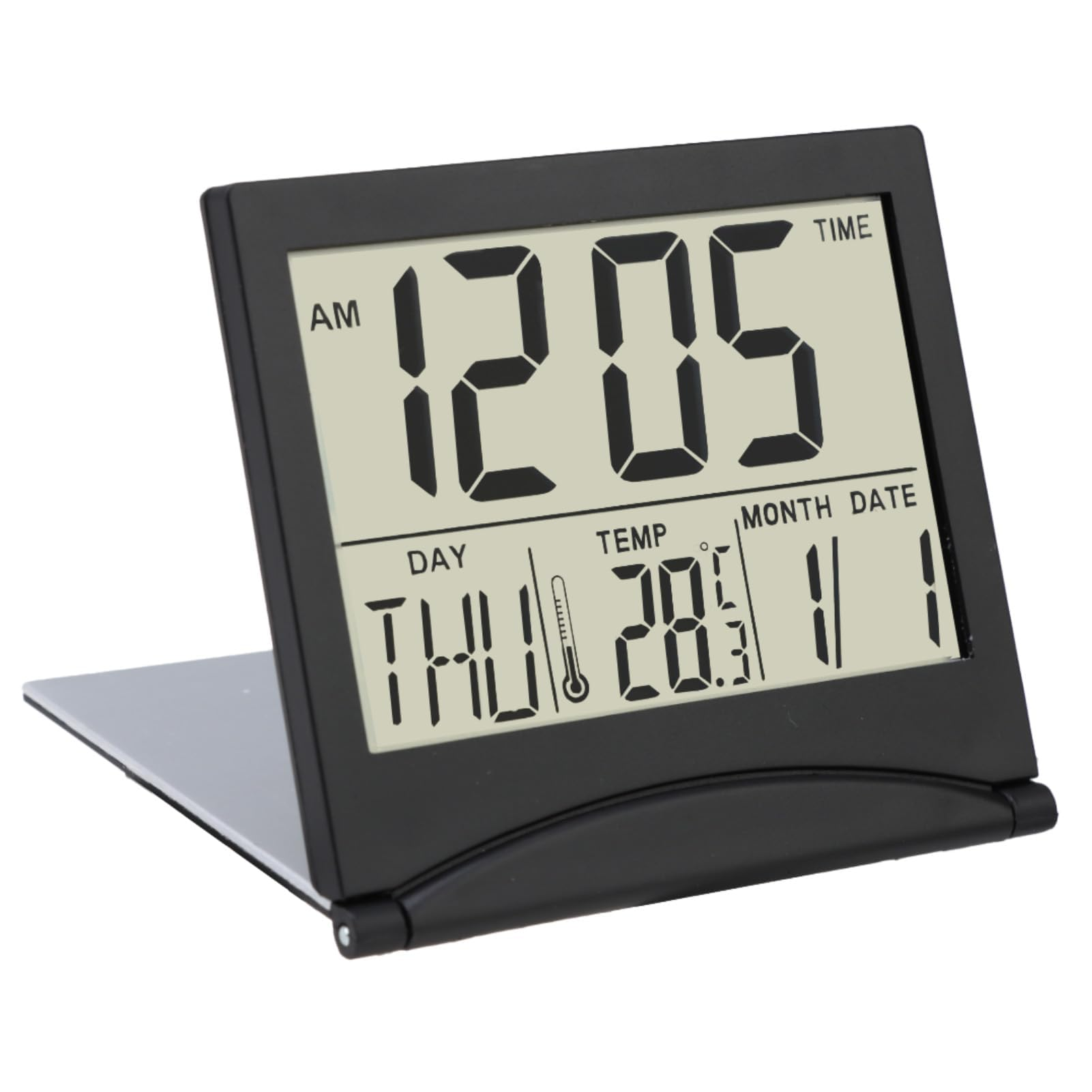 Orologio digitale nero che mostra ora, data e temperatura. L'ora è 12:05, giovedì e 28,3 gradi.
