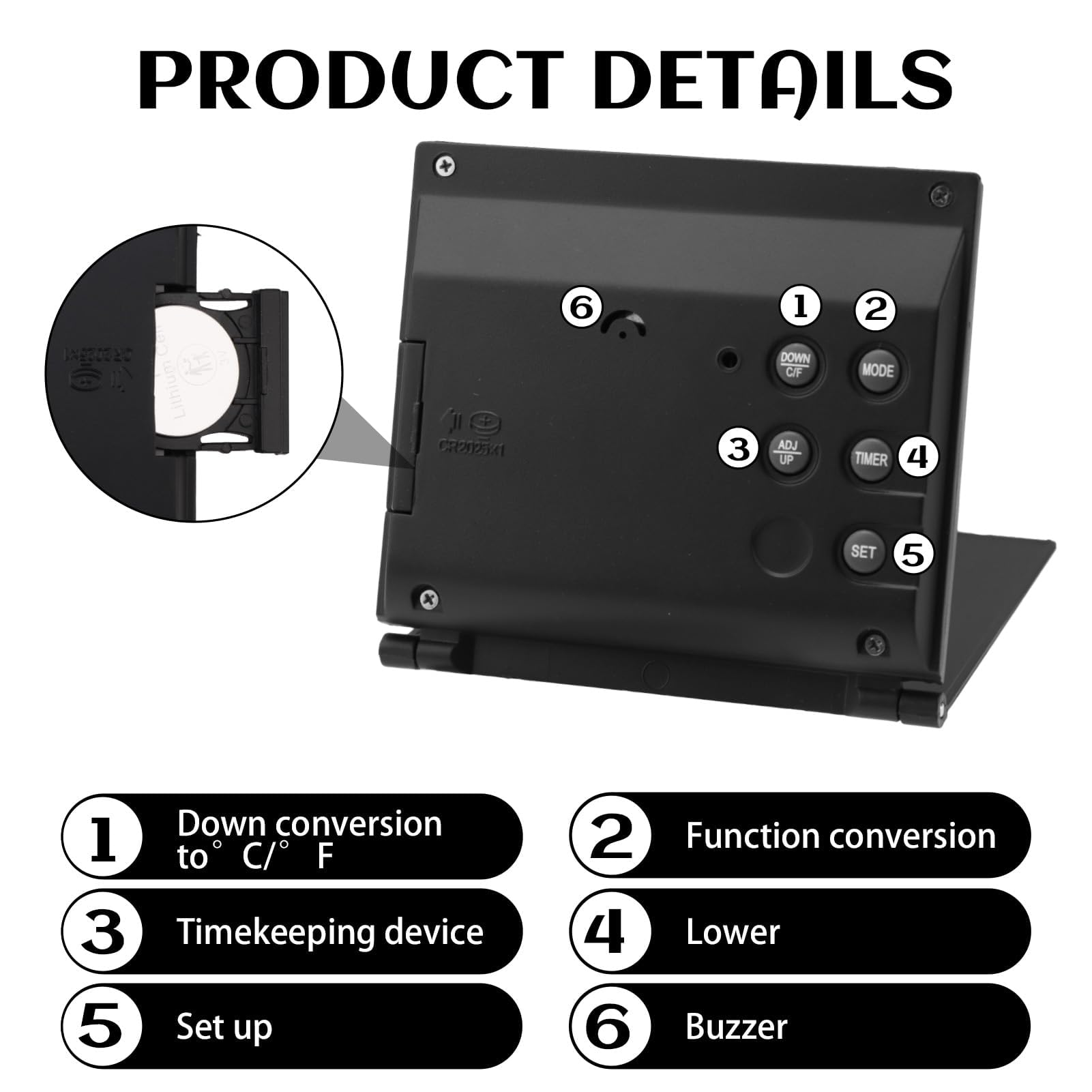 Orologio digitale nero con pulsanti: giù, modalità, reg., timer, set. Mostra vano batteria e dettagli del prodotto.