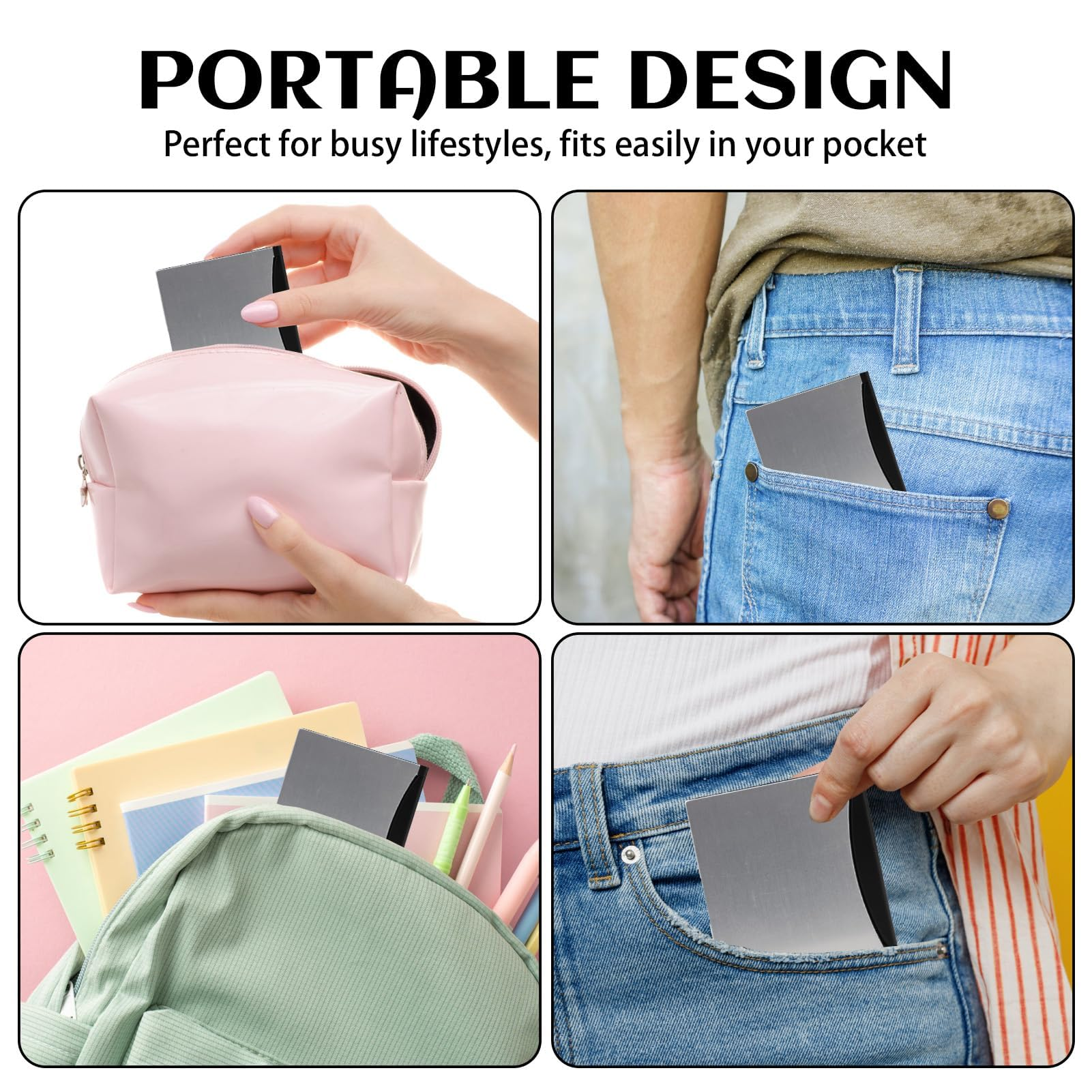 L'immagine mostra un concetto di design portatile. Un dispositivo grigio è mostrato in una tasca, una borsa e uno zaino.