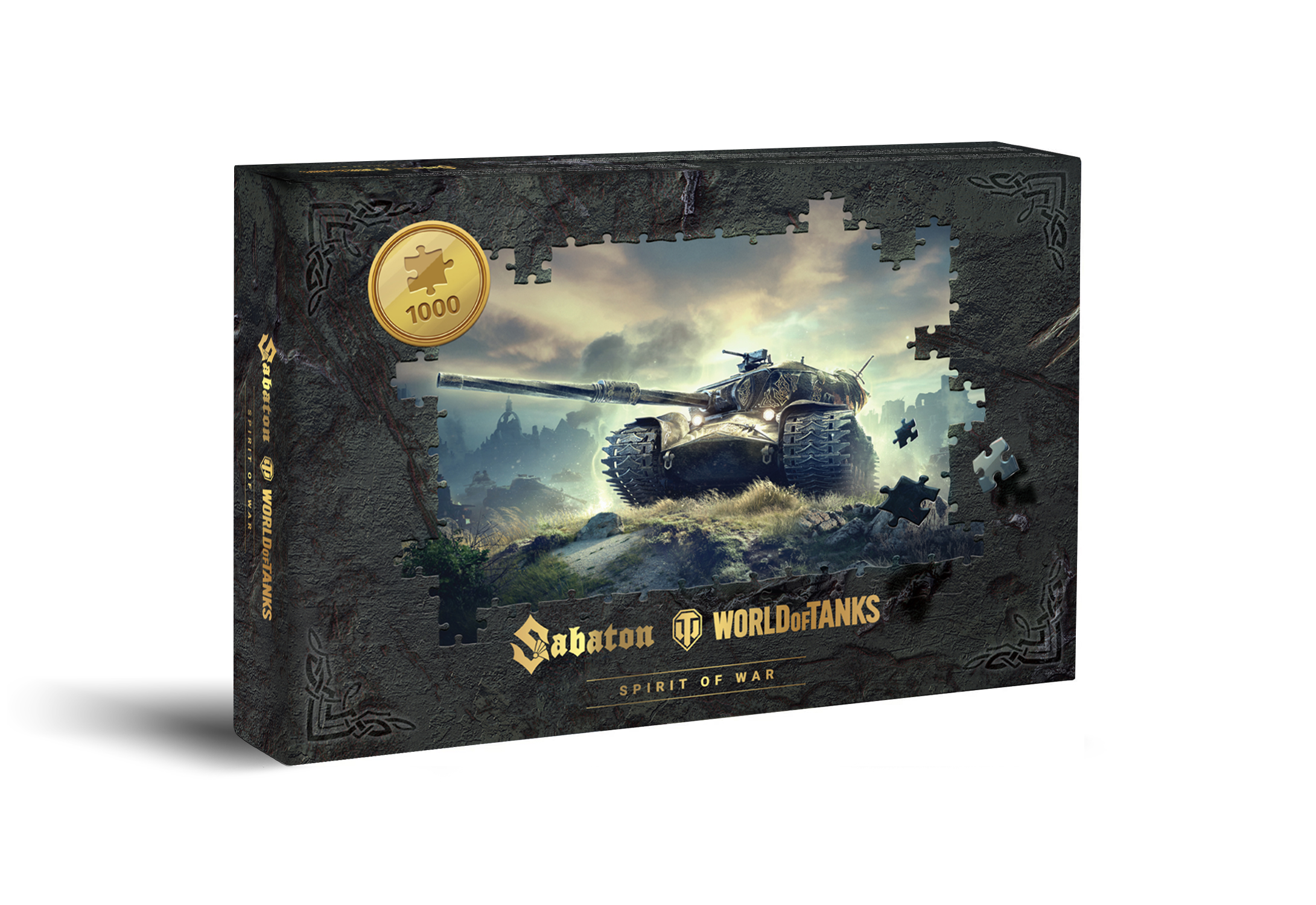 Una scatola di puzzle che mostra un carro armato su un campo di battaglia. La scatola ha un design a puzzle, il marchio è Sabaton World of Tanks.