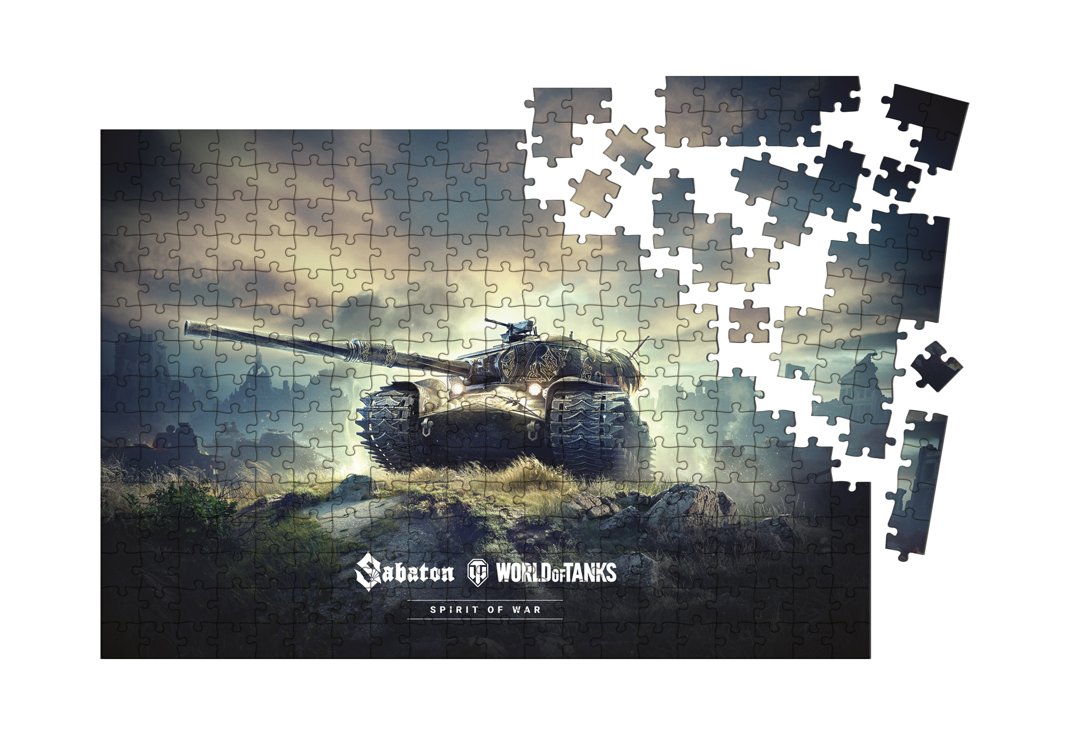 Un carro armato in un puzzle. Il carro armato è su una collina. I pezzi del puzzle sono sparsi. Il cielo è nuvoloso.
