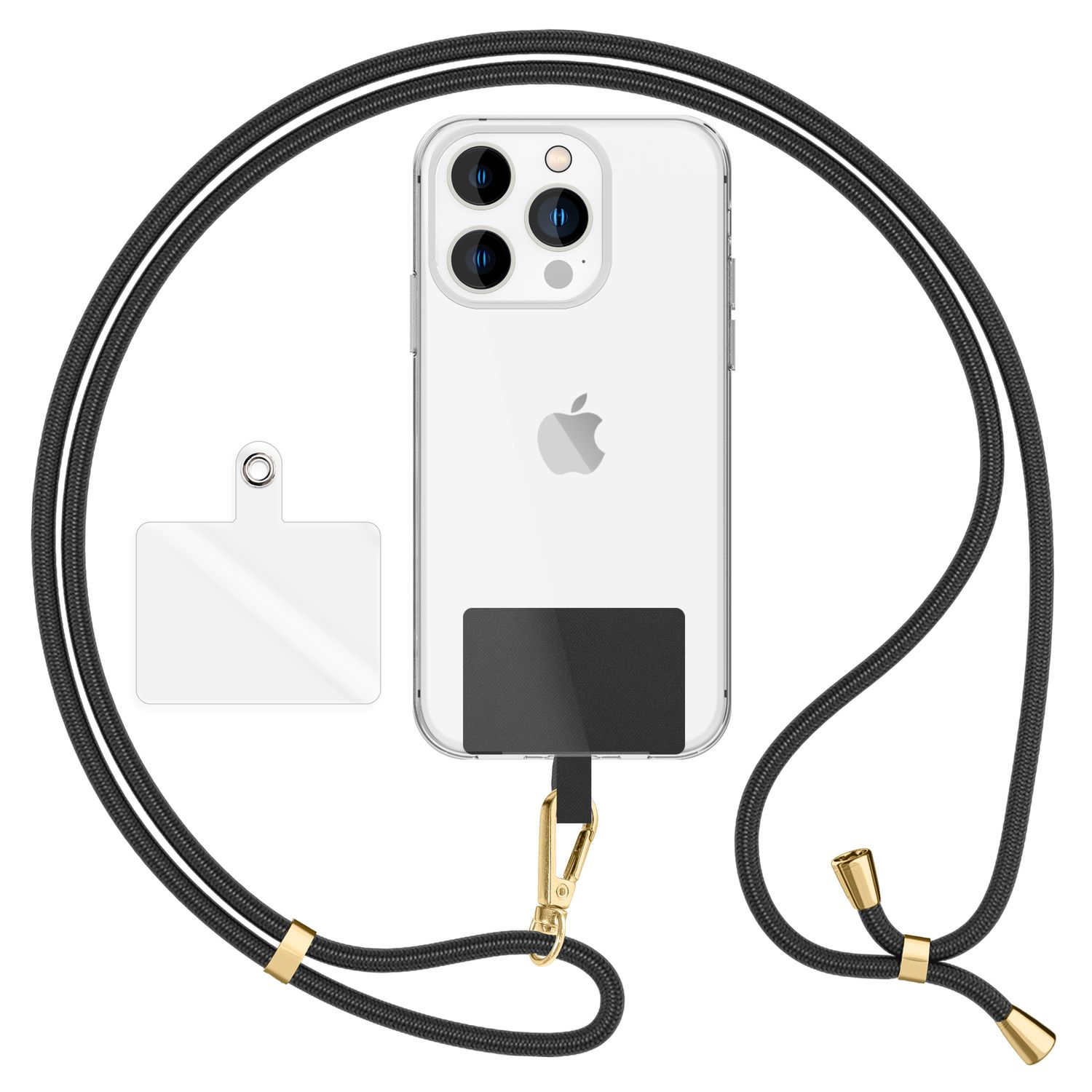 Ein klares iPhone mit schwarzem Band. Das Band hat goldene Akzente. Ein klares Plastikstück ist links.