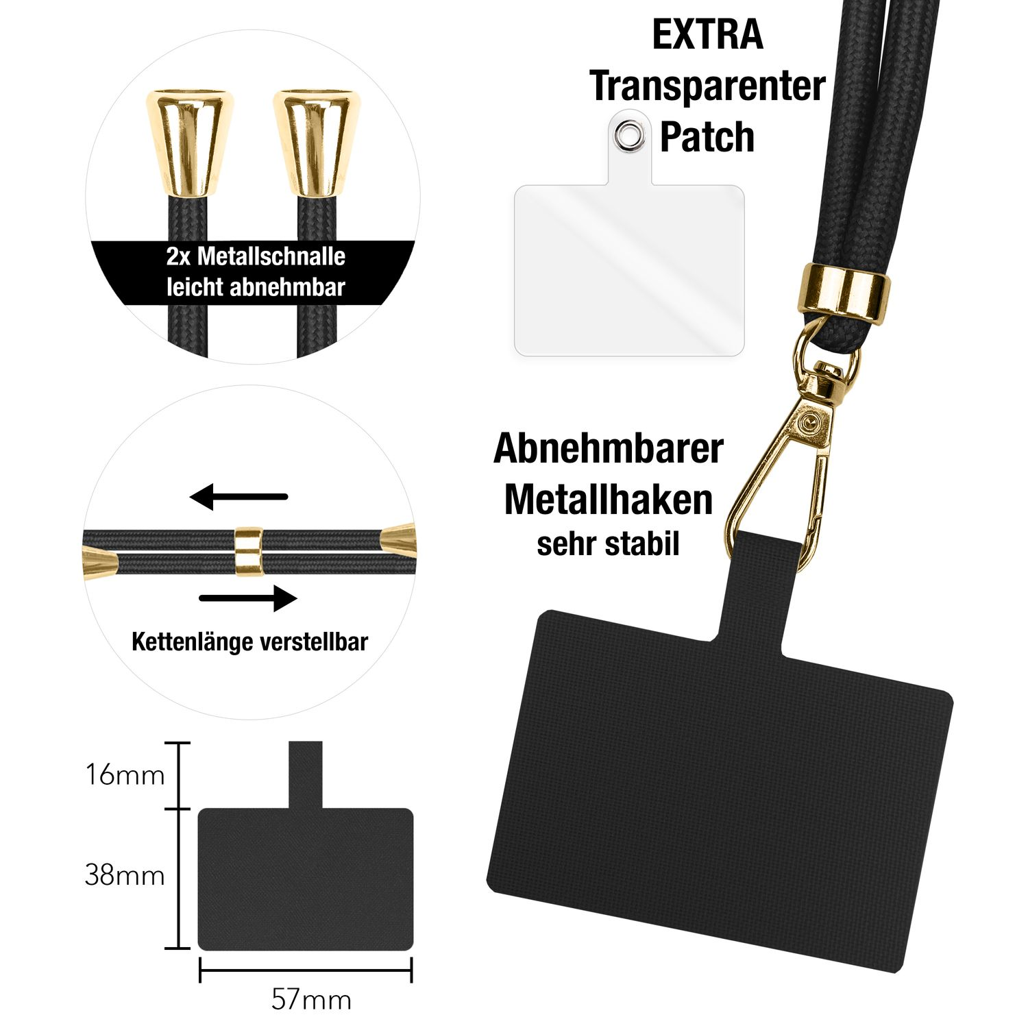 Schwarzes Handyband mit goldenen Akzenten. Enthält einen transparenten Patch, einen abnehmbaren Metallhaken und eine verstellbare Länge.