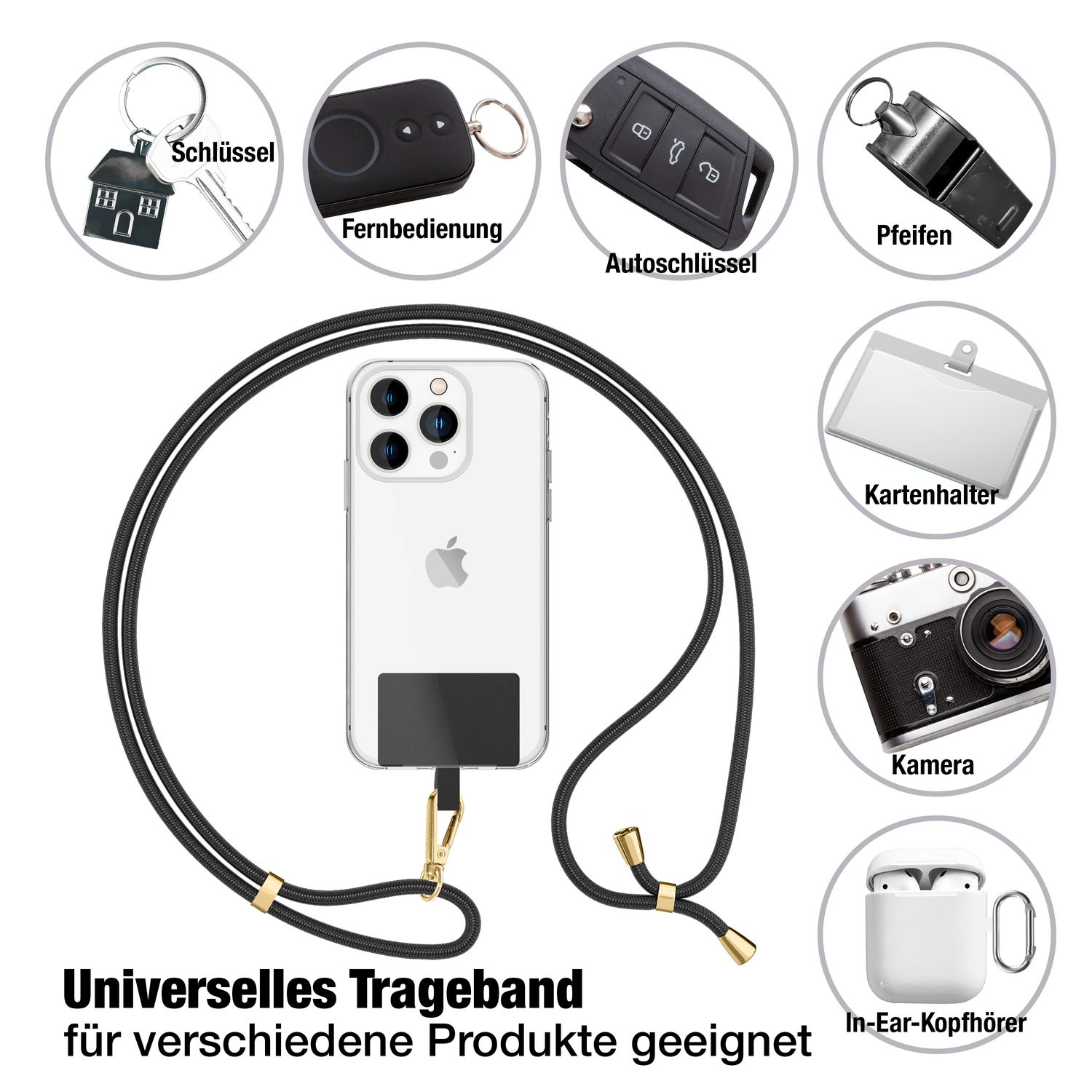 Das Bild zeigt ein Telefon mit Lanyard, Schlüsseln, Fernbedienung, Autoschlüssel, Pfeife, Kartenhalter, Kamera und Ohrhörern.