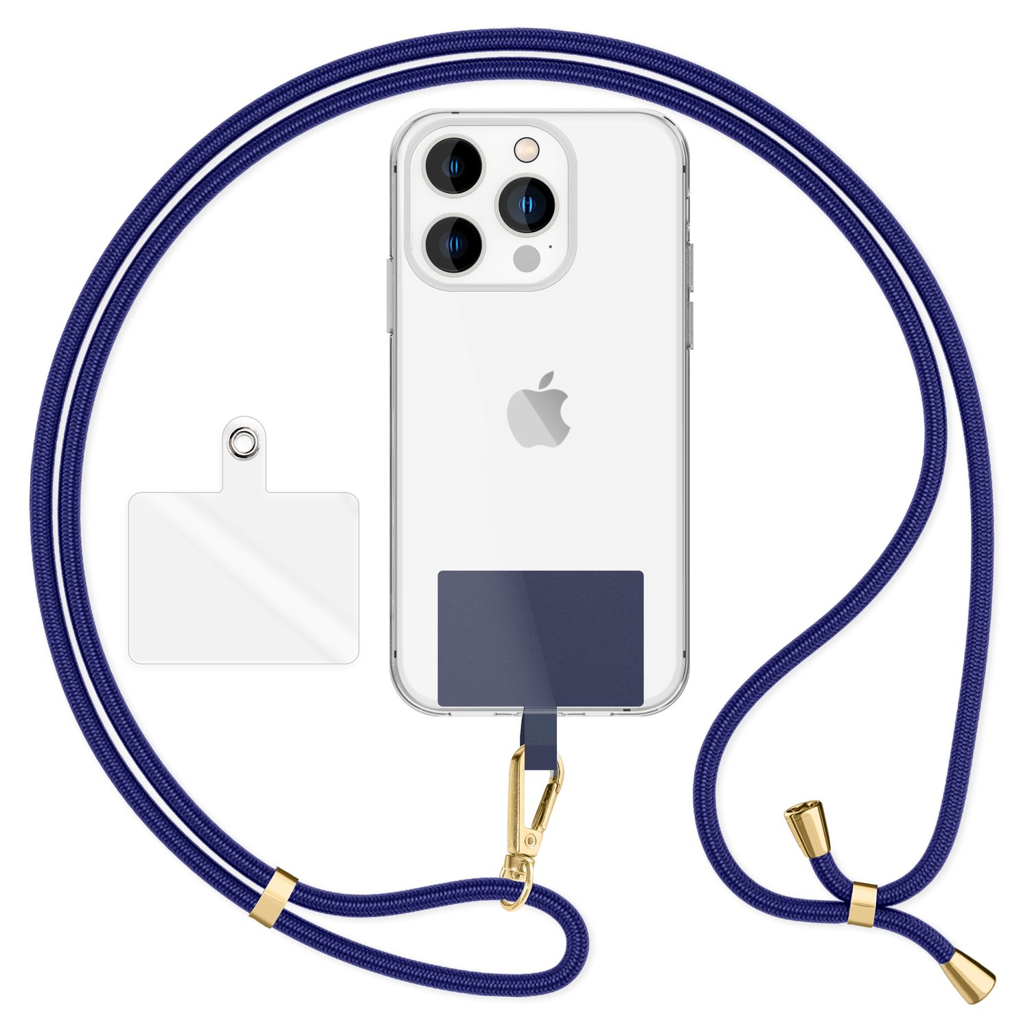 Ein klares iPhone mit blauem Umhängeband. Das Umhängeband hat goldene Akzente. Auf der linken Seite befindet sich eine transparente Plastiklasche.