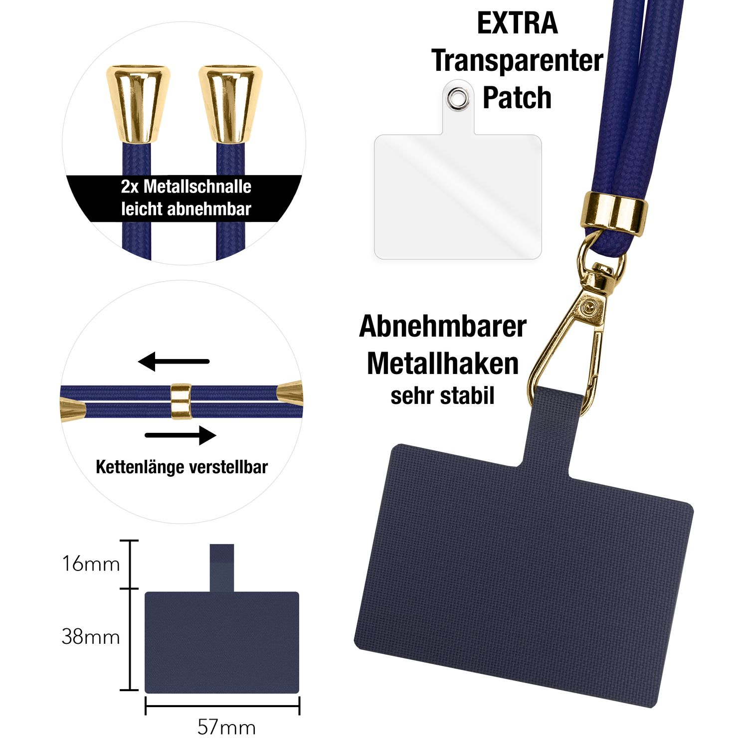Ein marineblaues Handy-Lanyard mit goldenen Metallverschlüssen und einem transparenten Patch. Text beschreibt Funktionen wie verstellbare Länge und abnehmbare Teile.
