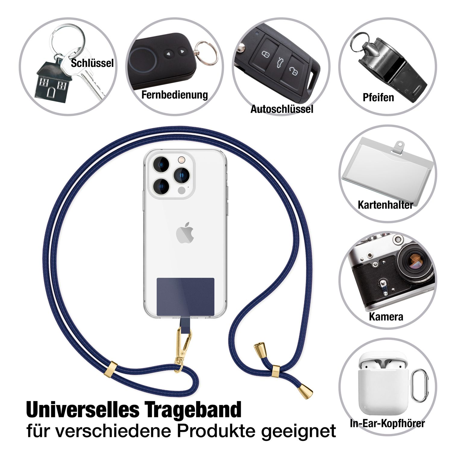 Das Bild zeigt verschiedene Gegenstände wie Schlüssel, Fernbedienung, Autoschlüssel, Pfeife, Kartenhalter, Kamera, Kopfhörer und ein Telefon mit Lanyard.