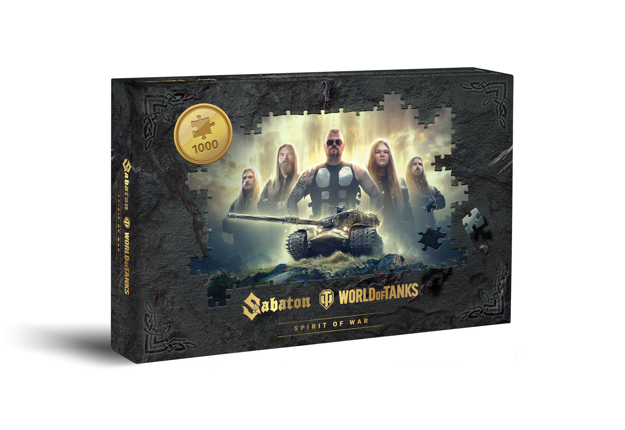 Una scatola di puzzle presenta una band con un carro armato. Il puzzle è incompleto. La scatola dice Sabaton World of Tanks Spirit of War.