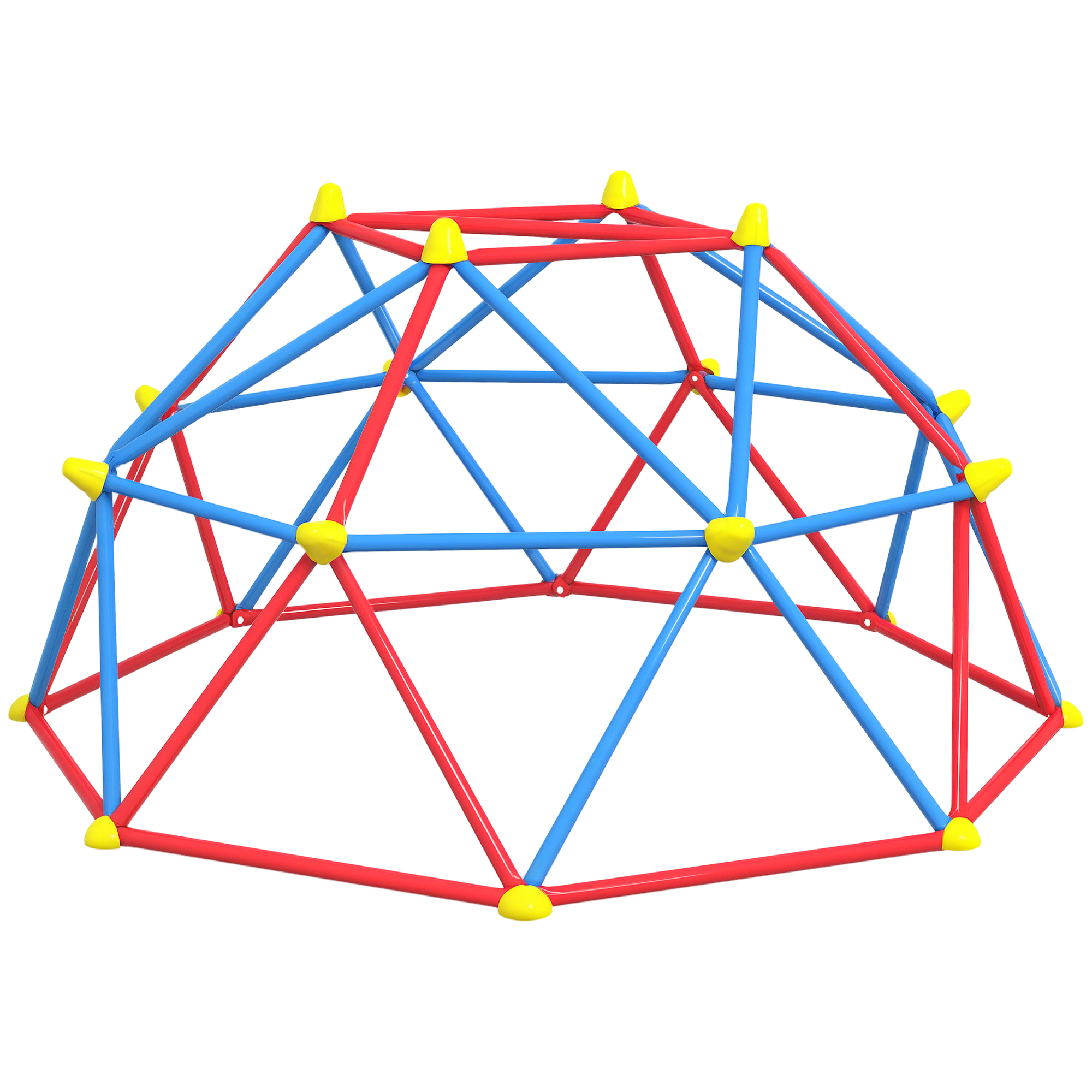 Una cupola per arrampicata colorata. Barre rosse e blu collegate da giunti gialli, isolate su sfondo bianco.