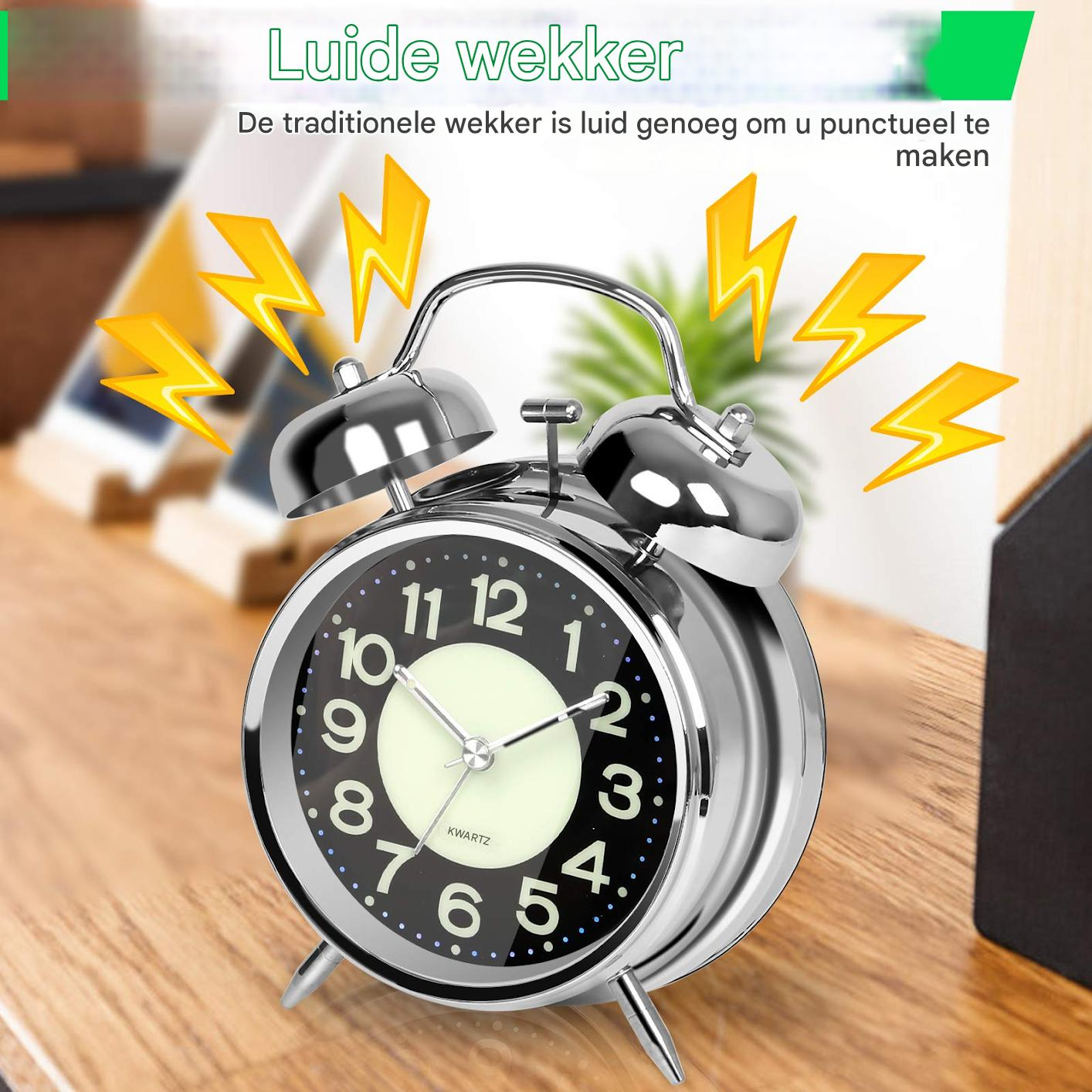 Ein silberner Wecker mit schwarzem Ziffernblatt. Gelbe Blitze umgeben ihn. Die Uhr steht auf einer Holzoberfläche.