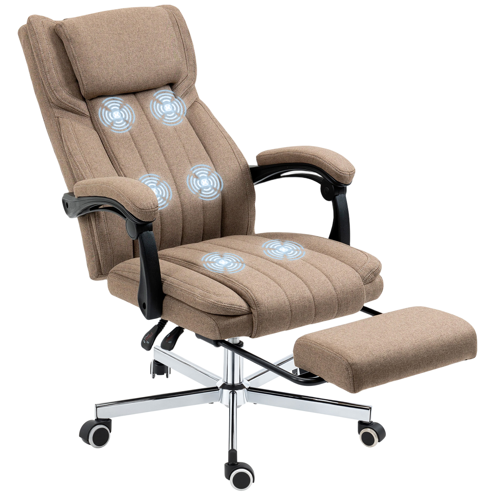 Sedia da ufficio beige con simboli di massaggio, braccioli e poggiapiedi, su sfondo bianco.
