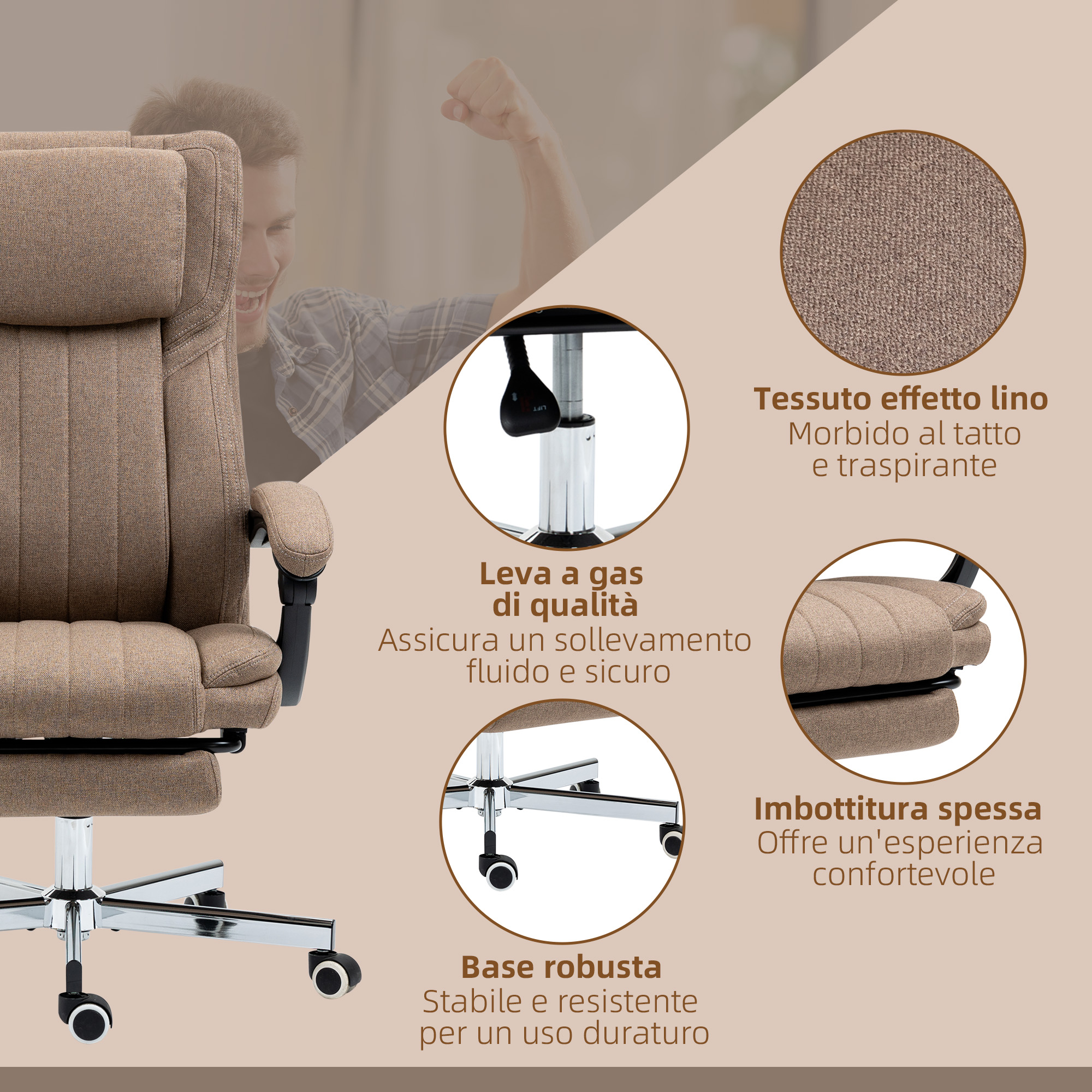 Viene mostrata una sedia da ufficio beige con base cromata. I dettagli includono un uomo che festeggia, tessuto e caratteristiche della sedia.
