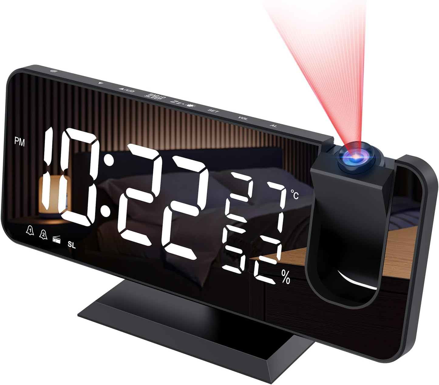 Un orologio digitale nero mostra le 10:22. Proietta un laser rosso. L'orologio ha una superficie a specchio e un supporto nero.
