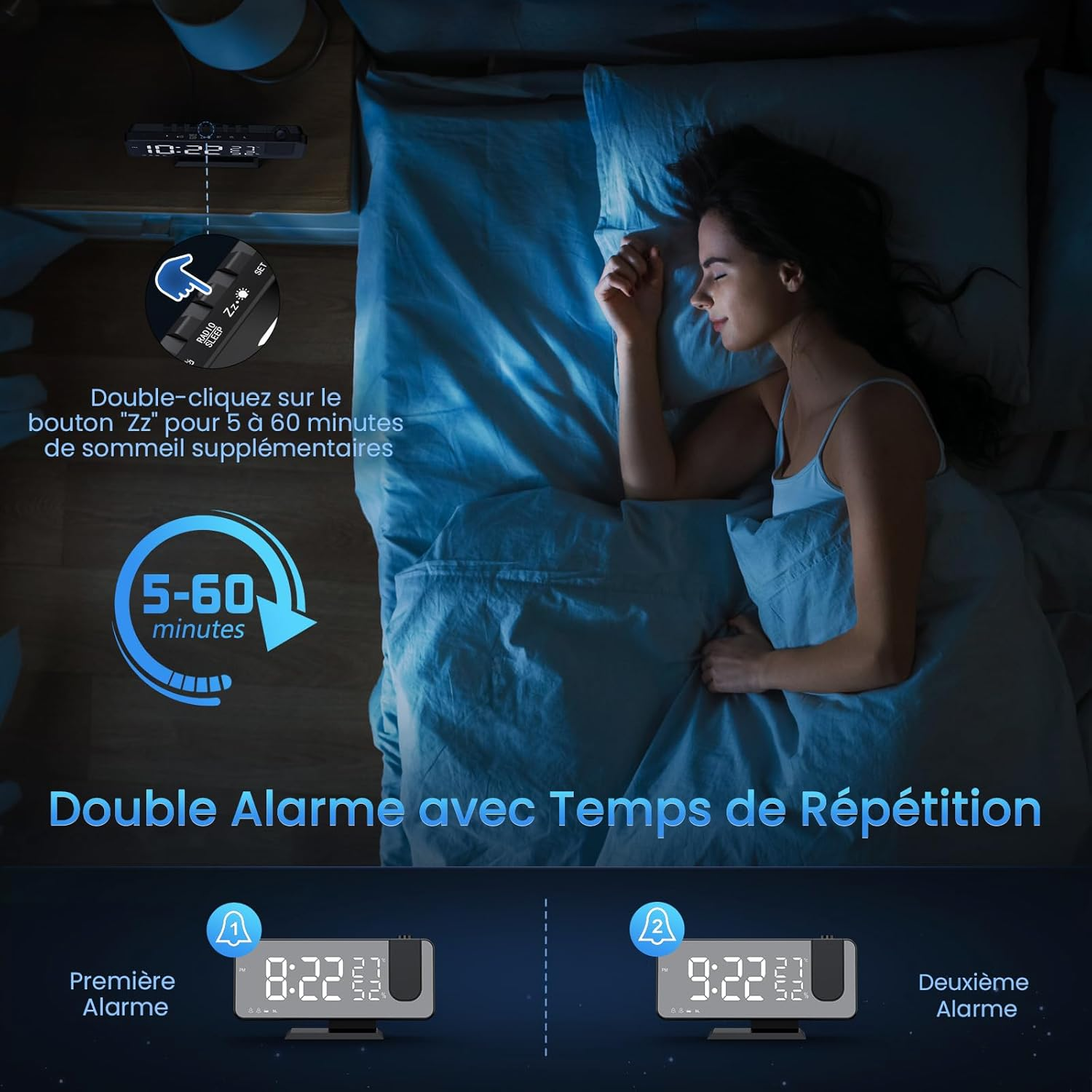 Una donna dorme a letto. Un orologio digitale mostra l'ora. Il testo descrive la funzione snooze. Sveglia con due allarmi.