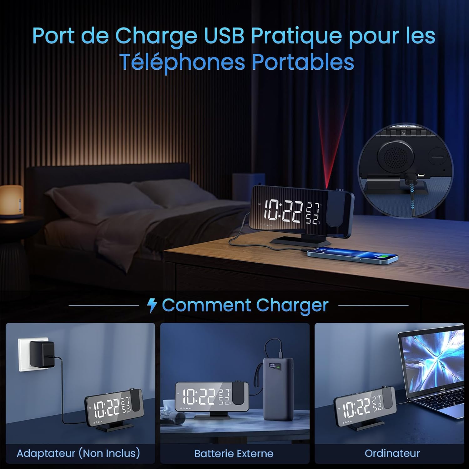 Un orologio digitale mostra le 10:22. Un telefono è in carica. Mostra i metodi per caricare l'orologio: adattatore, power bank e laptop.