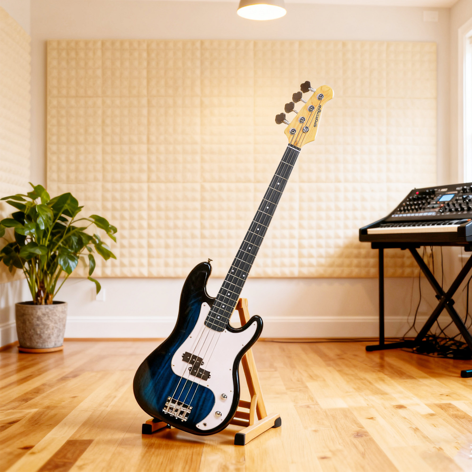 Un basso su un supporto in uno studio. La chitarra è blu e nera. Sono presenti anche una pianta e una tastiera.