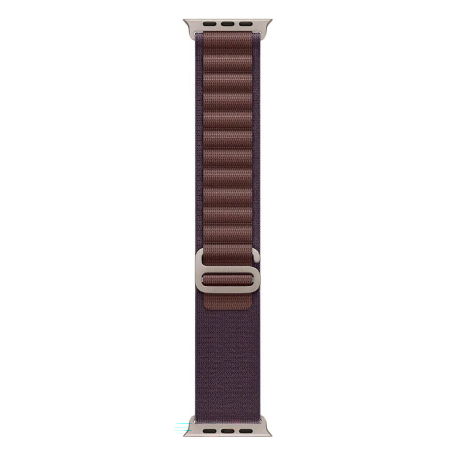 Een Apple Watch bandje. Het heeft een bruin geribbeld middengedeelte met een donkerpaarse band. Zilverkleurige metalen connectoren zitten aan elk uiteinde.