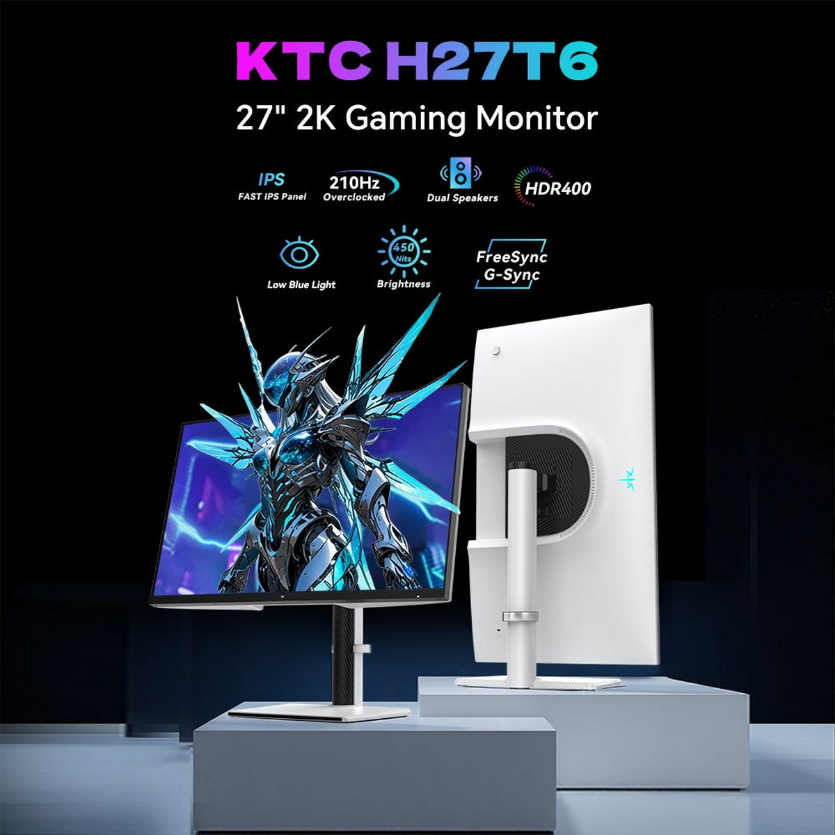 Ein Gaming-Monitor, KTC H27T6, zeigt eine futuristische Figur. Merkmale sind HDR400, 210Hz und Low Blue Light.