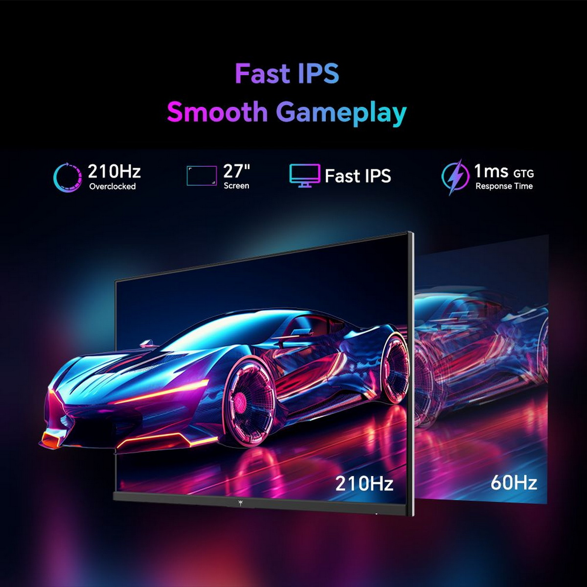 Ein Monitor zeigt ein Neonauto. Text hebt 'Fast IPS Smooth Gameplay' hervor. Spezifikationen: 210Hz, 27-Zoll-Bildschirm, 1ms Reaktionszeit.