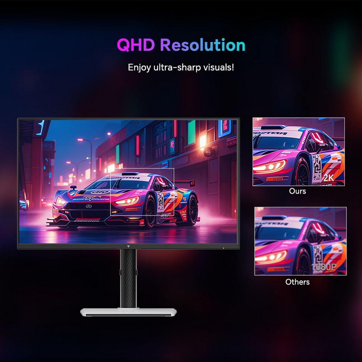 Ein Monitor zeigt eine Rennwagenszene. Zwei kleinere Bilder zeigen das Autodetail, beschriftet mit 'Ours' und 'Others', die die Auflösung hervorheben.