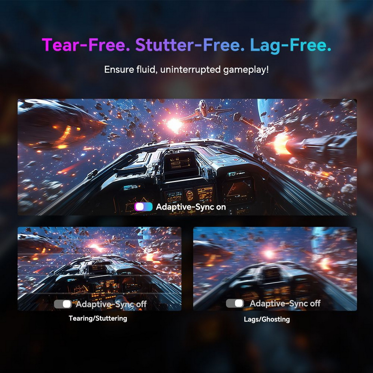 Das Bild zeigt ein Raumschiff-Cockpit mit 'Adaptive-Sync on' und Beispiele für 'Adaptive-Sync off' mit Tearing, Stottern und Ghosting.