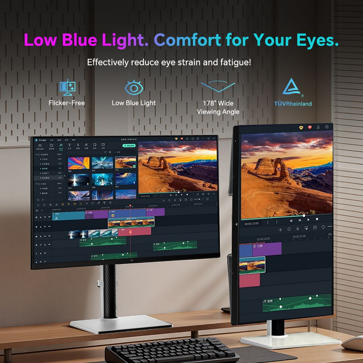 Zwei Monitore zeigen Videobearbeitungssoftware. Text hebt geringes blaues Licht und Augenkomfort hervor.