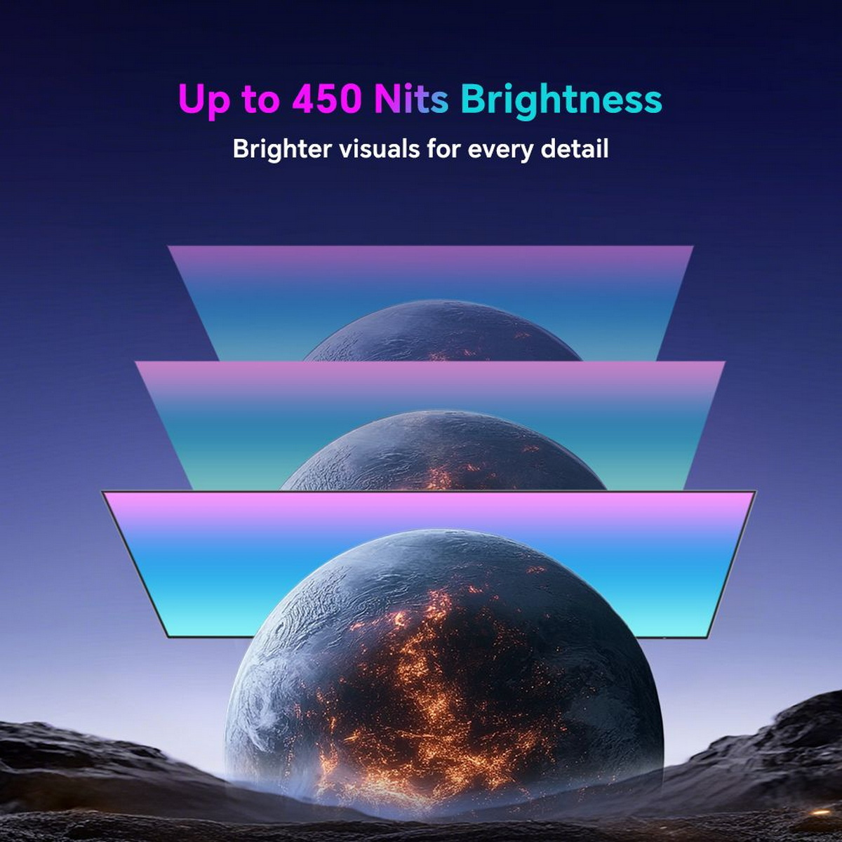 Das Bild zeigt drei geschichtete Planetenanzeigen mit dem Text: Bis zu 450 Nits Helligkeit. Hellere Bilder für jedes Detail. Die Planeten haben Stadtlichter.