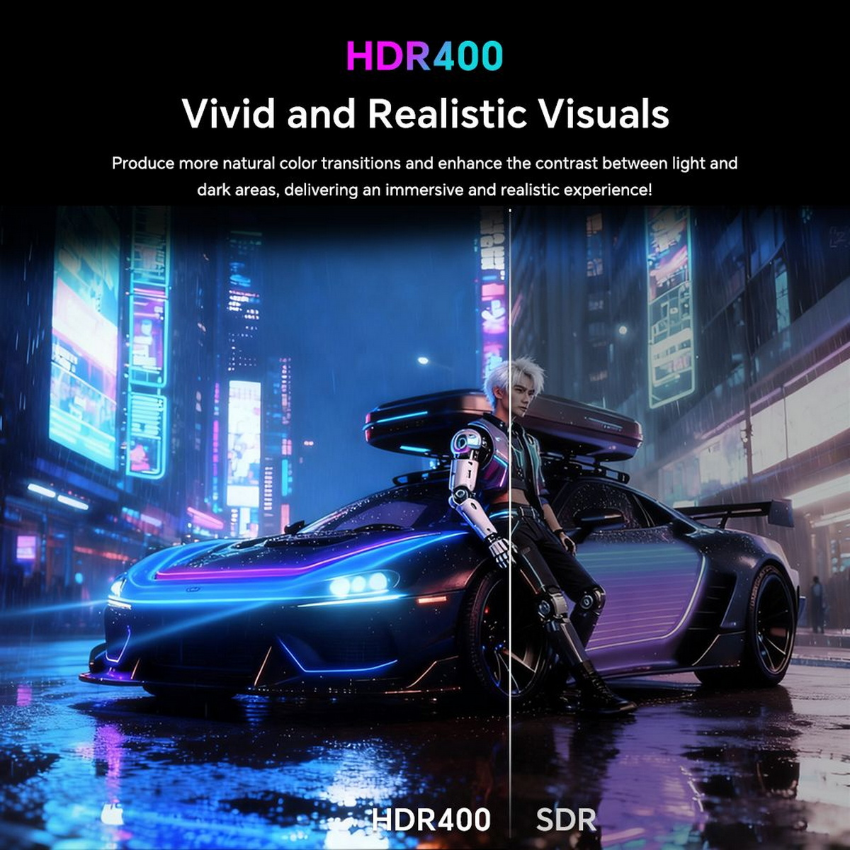 Futuristisches Auto mit Neonlichtern, eine Person mit Roboterarm und eine Stadtlandschaft im Hintergrund. HDR400- und SDR-Vergleich.