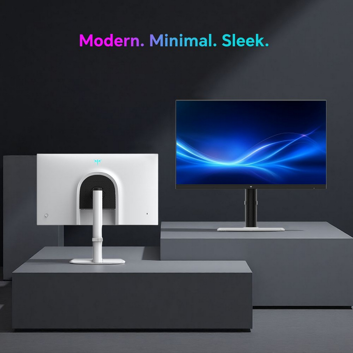 Zwei Computermonitore, einer weiß und einer schwarz, auf grauen Plattformen. Der Hintergrund ist dunkelgrau mit dem Text 'Modern. Minimal. Elegant.'