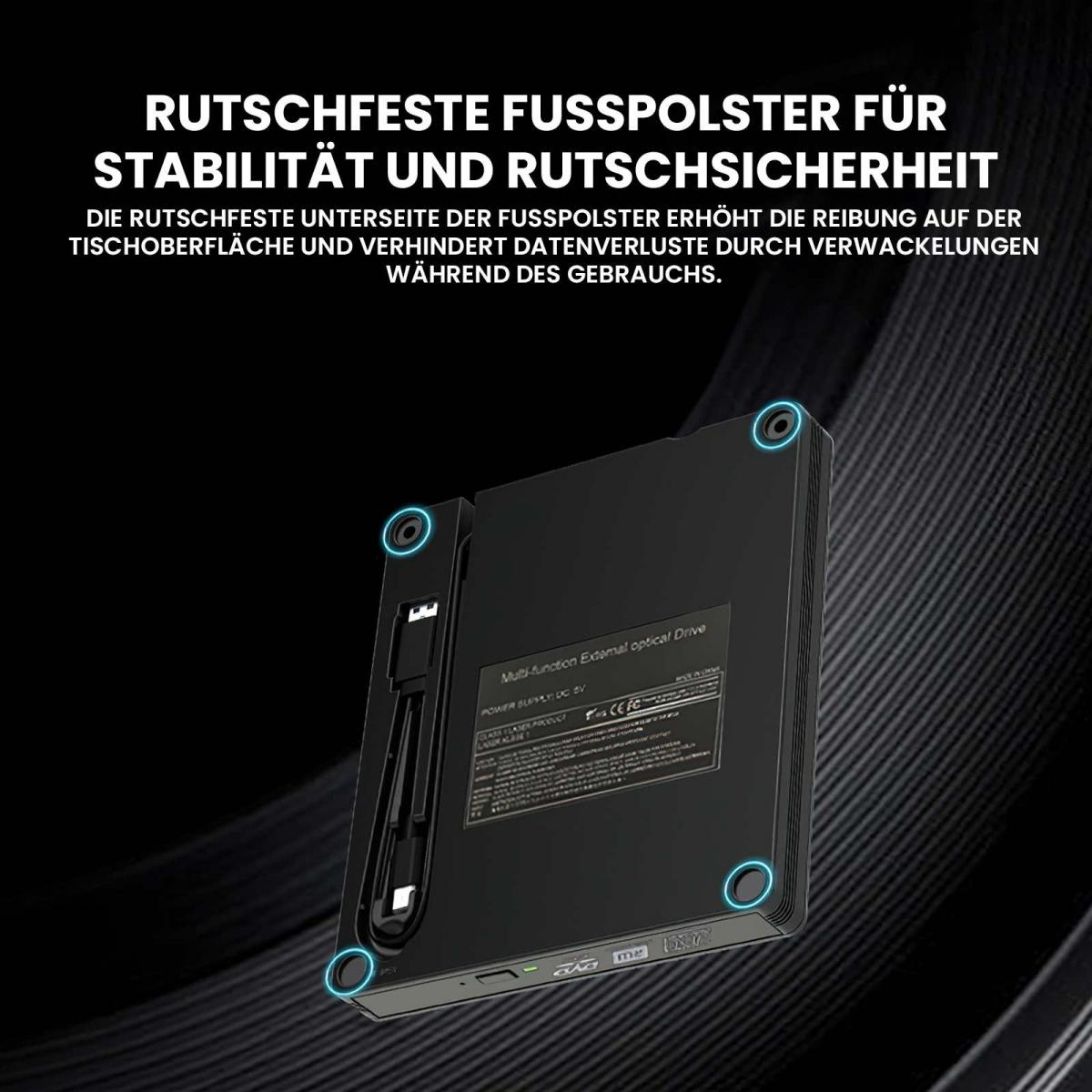 Ein schwarzes optisches Laufwerk mit blauen Akzenten. Text oben erwähnt Stabilität und Rutschfestigkeit.