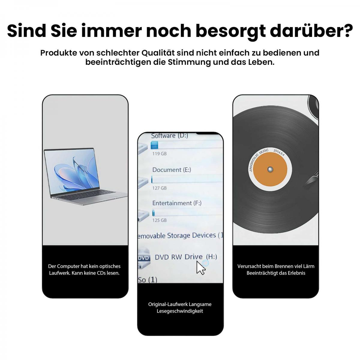 Das Bild zeigt einen Laptop, ein Dateiexplorer-Fenster und eine Schallplatte, mit deutschem Text über Qualität.