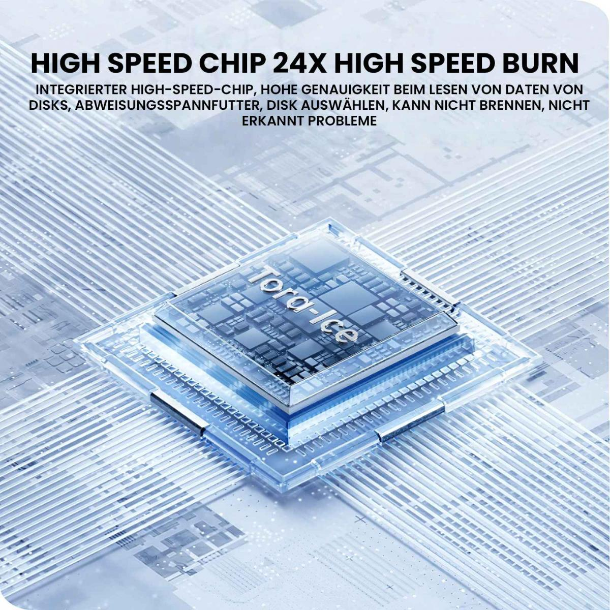 Ein transparenter elektronischer Chip mit dem Text „Tora-Ice“ befindet sich in der Mitte. Der Hintergrund hat Linien und Text.