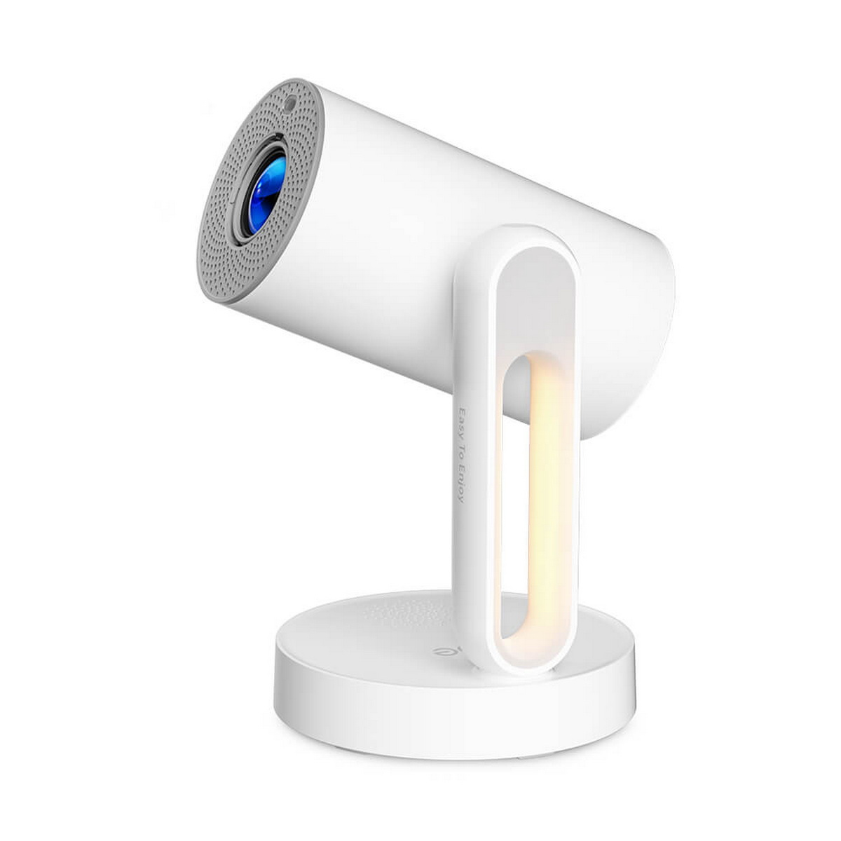 Proyector blanco con una luz azul que brilla desde el frente. Tiene un asa curva con una luz en el medio, que descansa sobre una base redonda.