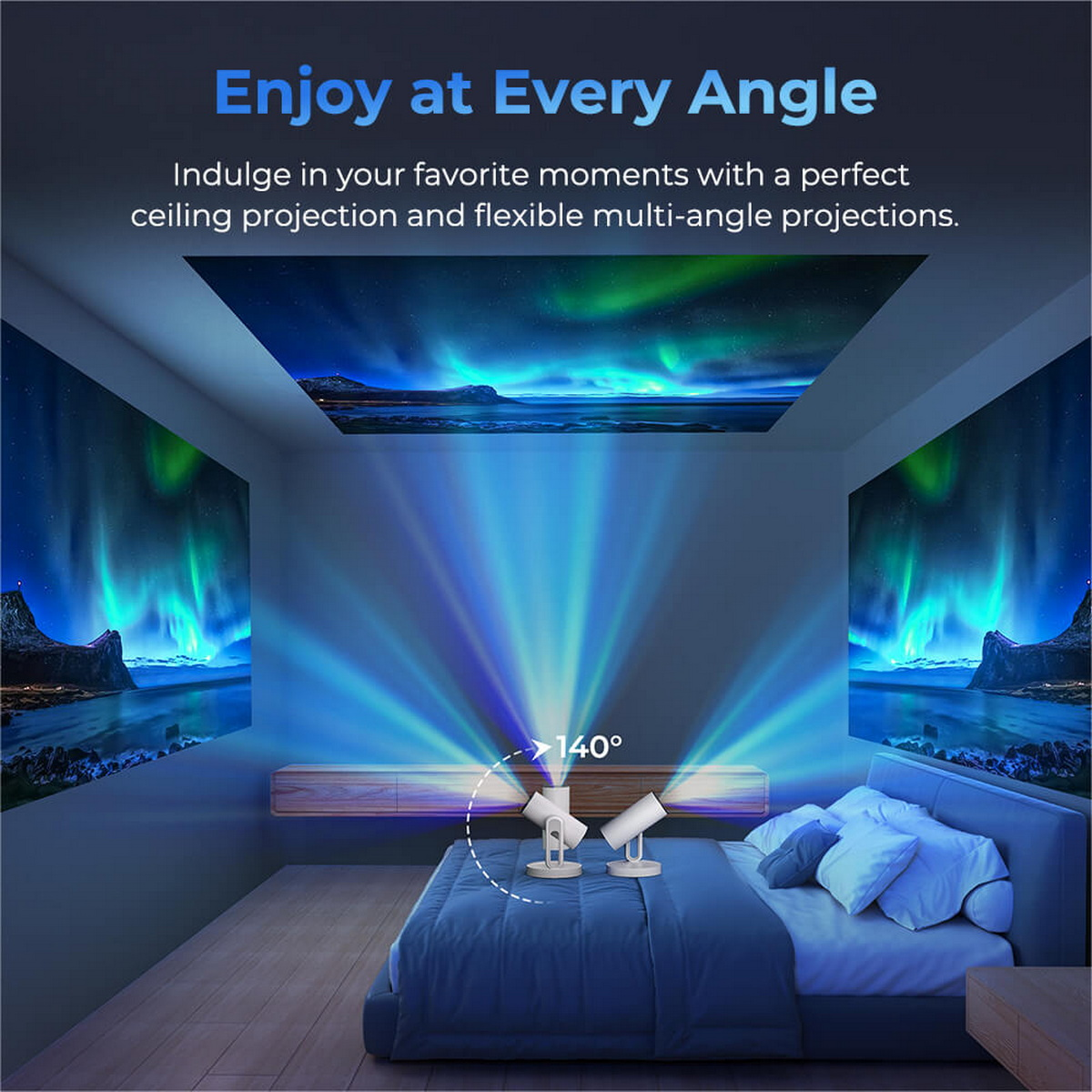 Dormitorio con proyección de aurora boreal en el techo. Dos proyectores iluminan la cama. Texto: 'Enjoy at Every Angle'.