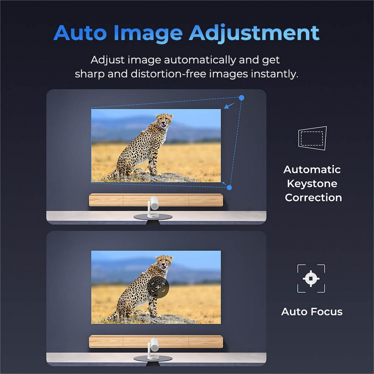 La imagen muestra el ajuste automático de la imagen. Tiene dos pantallas con un guepardo. Características: corrección trapezoidal y enfoque automático.