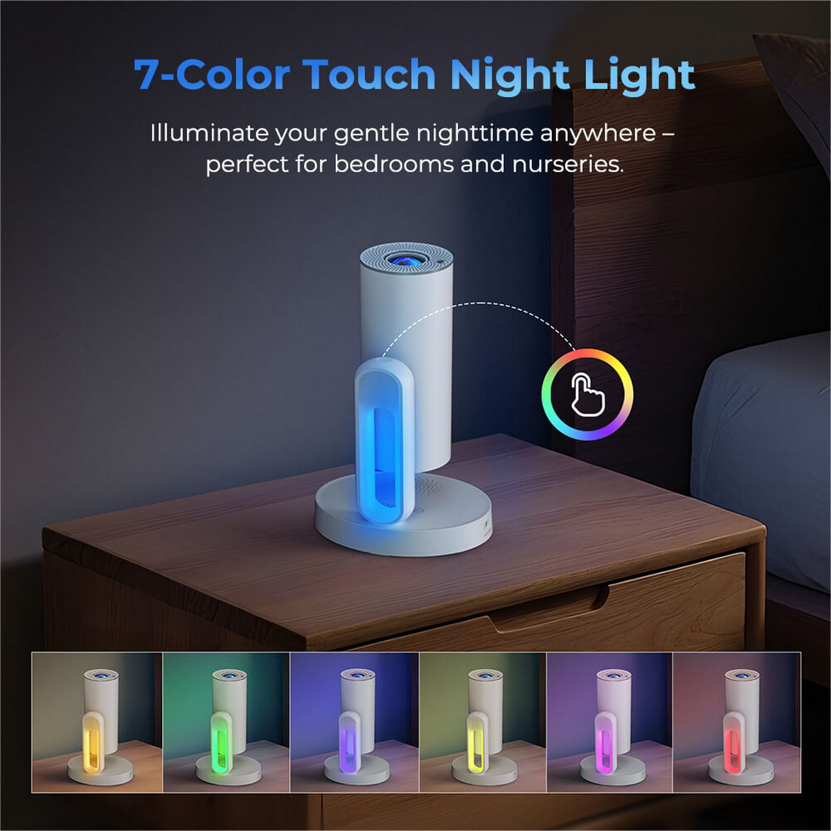 Una luz nocturna con 7 colores mostrados en una mesita de noche de madera. El producto es blanco y los diferentes colores de la luz se muestran en la parte inferior.