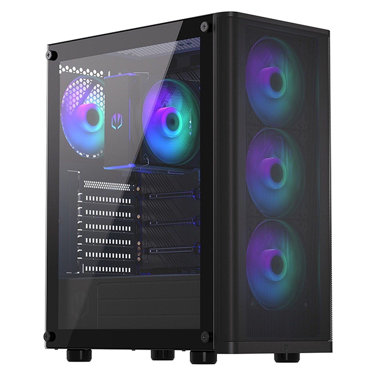 Un case per computer nero con pannello laterale in vetro e frontale a rete. All'interno ventole e componenti colorati.