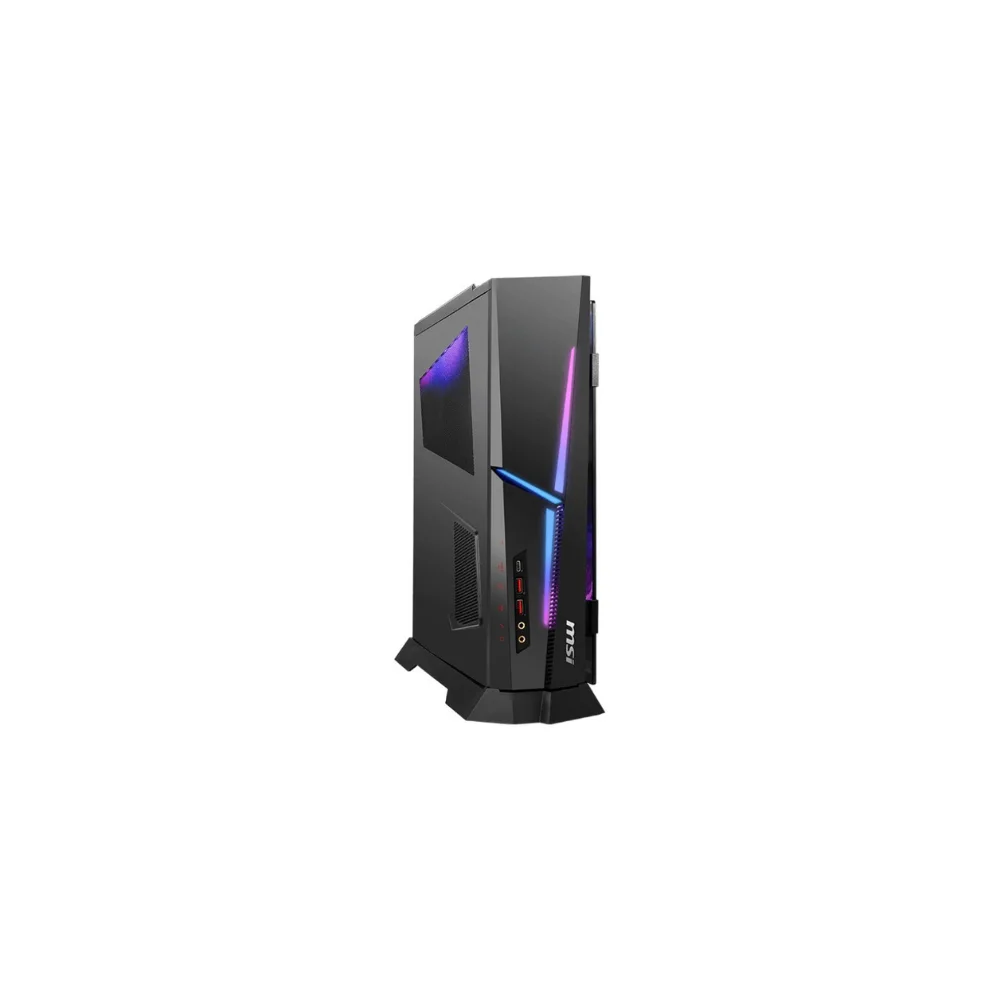 Tour d'ordinateur noire avec des lumières LED bleues et violettes. Le logo MSI est visible. Le fond est blanc.