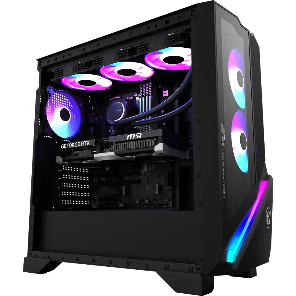 RGB fanları ve aydınlatmasıyla aydınlatılan iç bileşenlere sahip modern bir PC kasası. Bileşenler arasında bir GPU, CPU soğutucusu ve anakart bulunur.