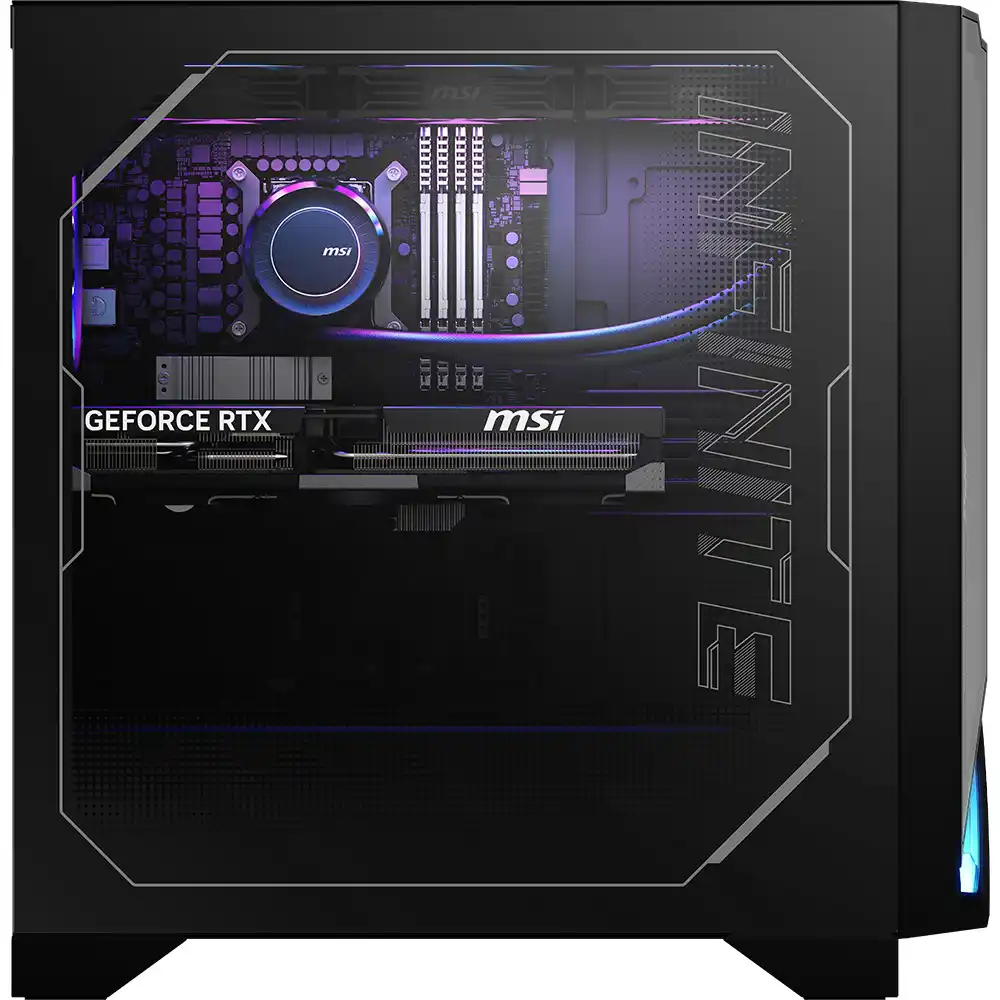 Cam panelden görülebilen bileşenlere sahip siyah bir MSI Infinite oyun bilgisayarı. GeForce RTX, MSI markası ve iç aydınlatma içerir.