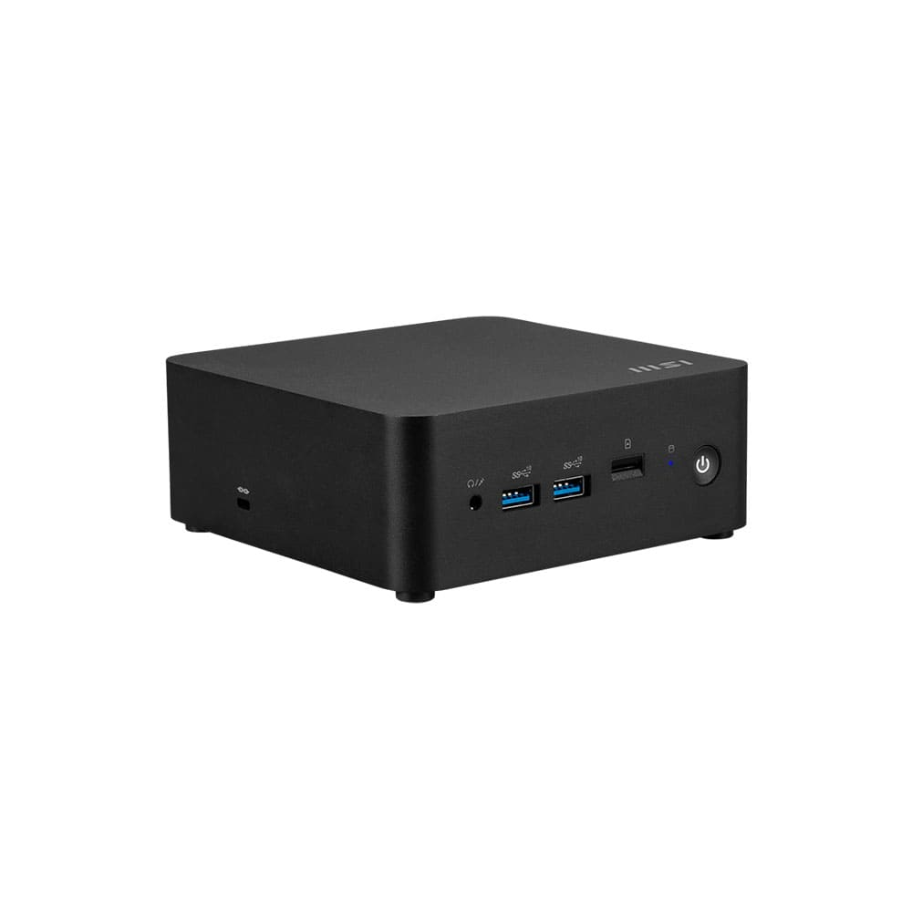 Un piccolo computer nero con diverse porte e un pulsante di accensione. Il dispositivo è rettangolare e poggia su una superficie piana.